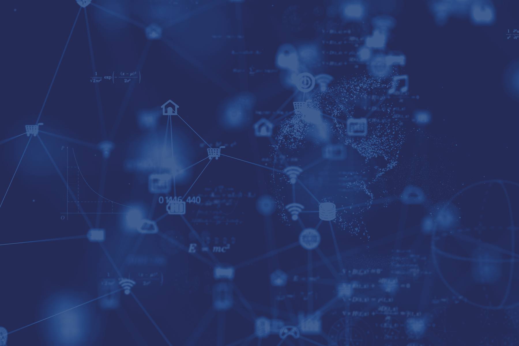 Rete di dati con formule matematiche e icone digitali su sfondo blu