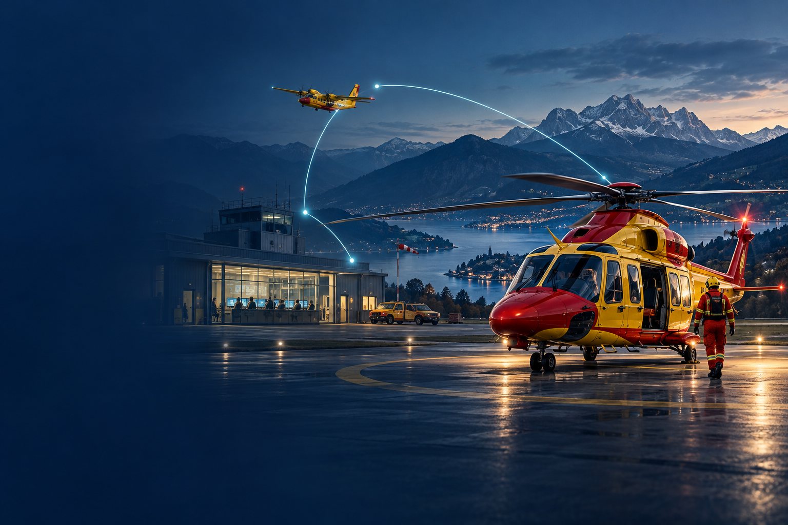 Elicottero di soccorso sulla piazzola con torre di controllo e velivolo in volo tra le montagne