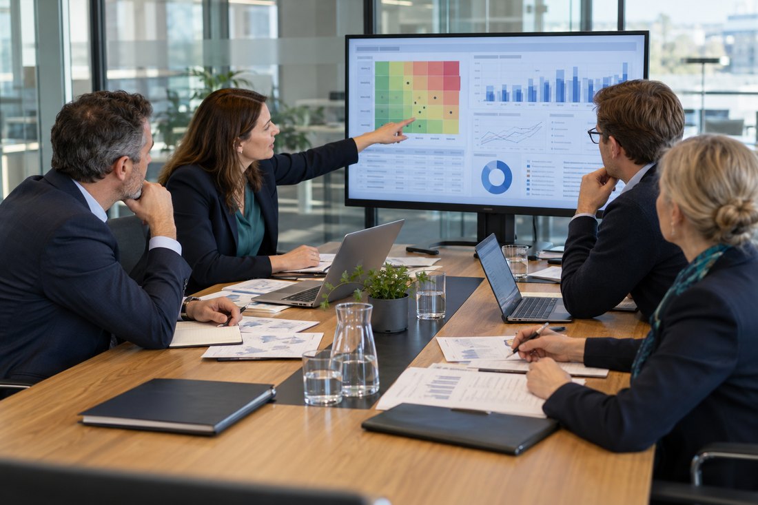 Illustrative scene of an insurance committee reviewing risks, reports and governance decisions