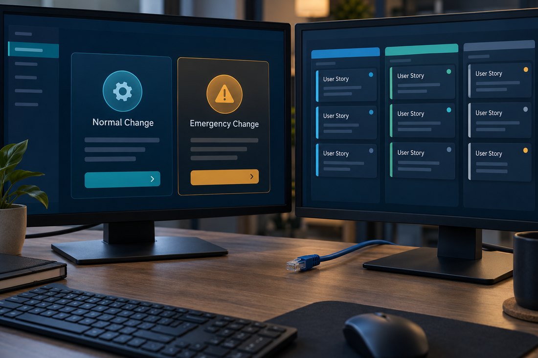Illustrative reconstruction of tools for Normal Changes, Emergency Changes and user stories to connect