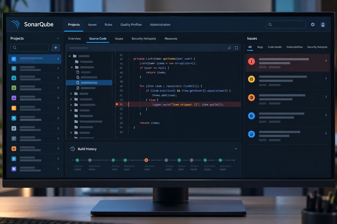 Illustrative reconstruction of a SonarQube dashboard for projects, source code and issue analysis