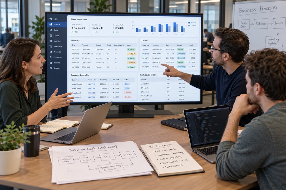 Scena illustrativa di un team software che analizza un gestionale aziendale durante una riunione