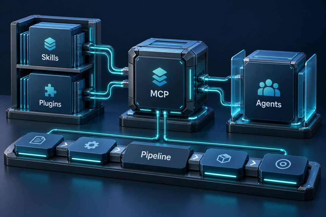 Modello tecnico concettuale di skill, plugin, integrazioni MCP, agenti e pipeline di sviluppo