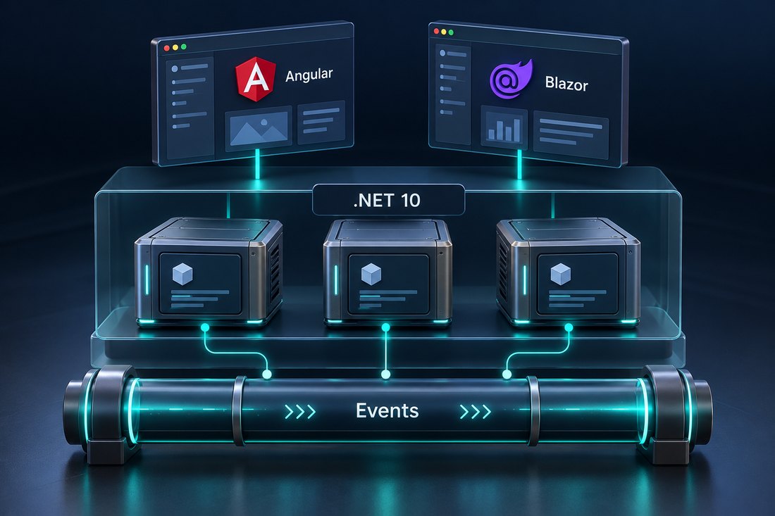 Architettura concettuale con frontend Angular e Blazor, microservizi .NET 10 e comunicazione a eventi