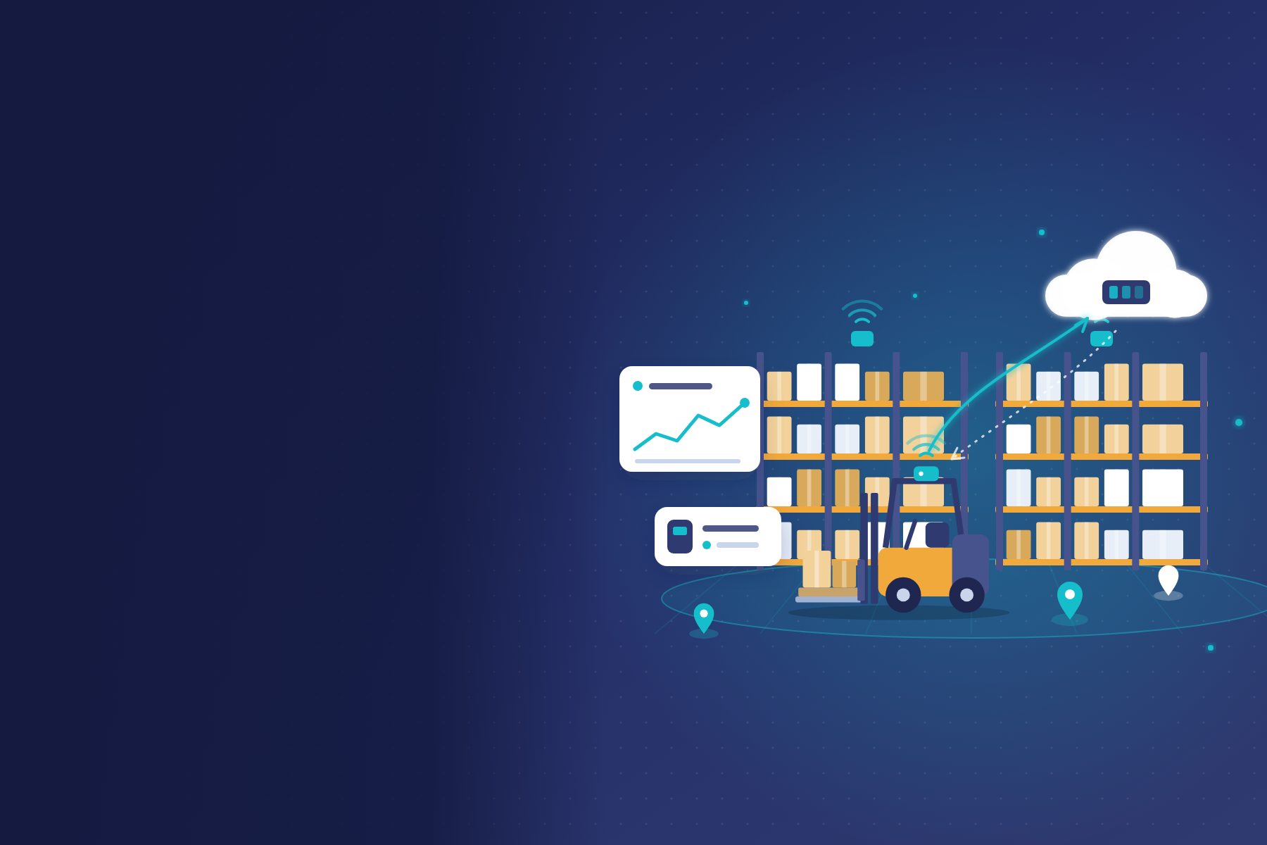 Illustrazione di un magazzino con scaffalature, carrello elevatore e sensori IoT che scambiano dati in tempo reale con il cloud