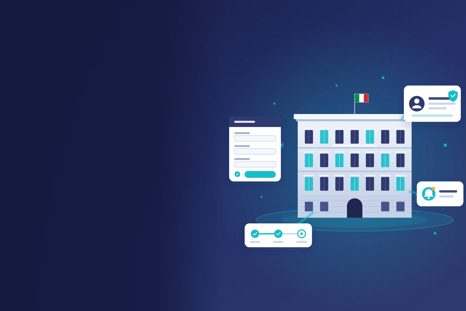 Illustration of an institutional building connected to digital services: online forms, digital identity, notifications and application status