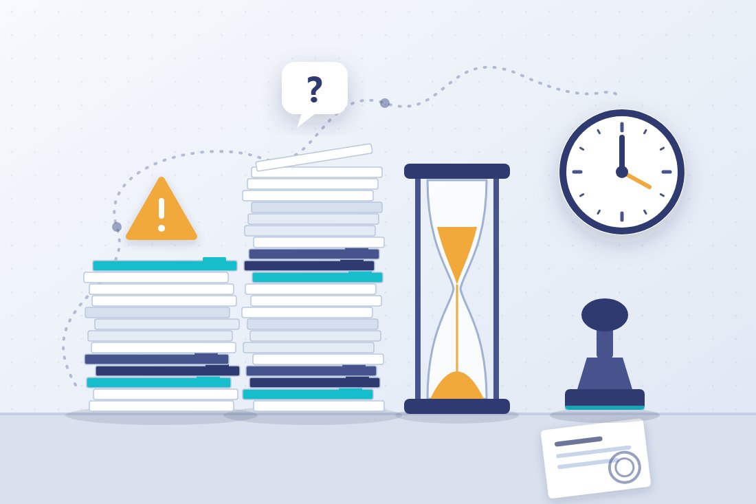Stacks of paper files, a rubber stamp, an hourglass and a clock: the bureaucratic procedures and waiting times to reduce