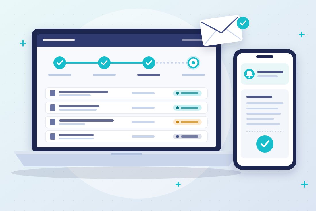 Application status tracked in real time on a laptop and smartphone, with automatic notification and submission receipt