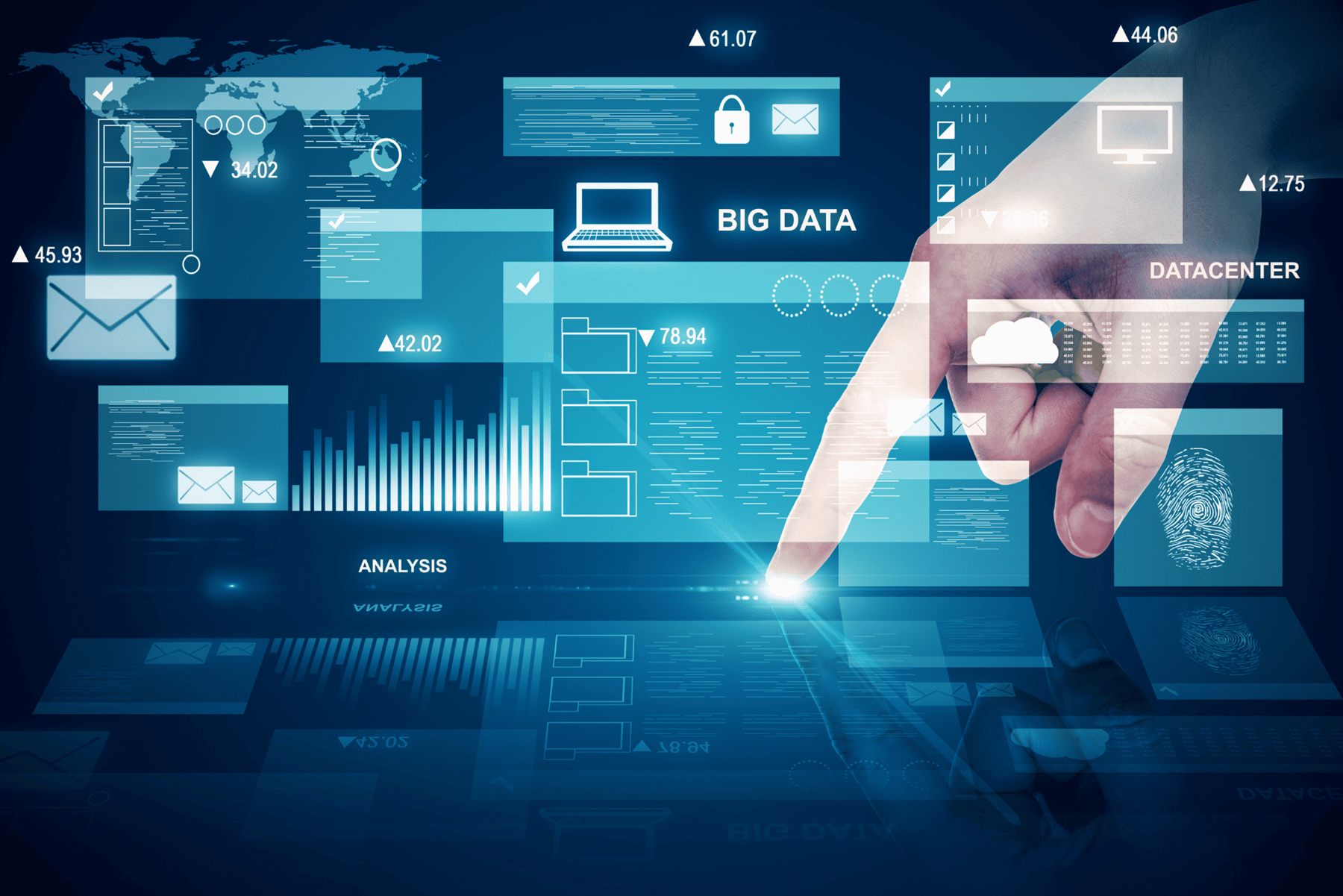 Mano che interagisce con un'interfaccia digitale di big data e analisi
