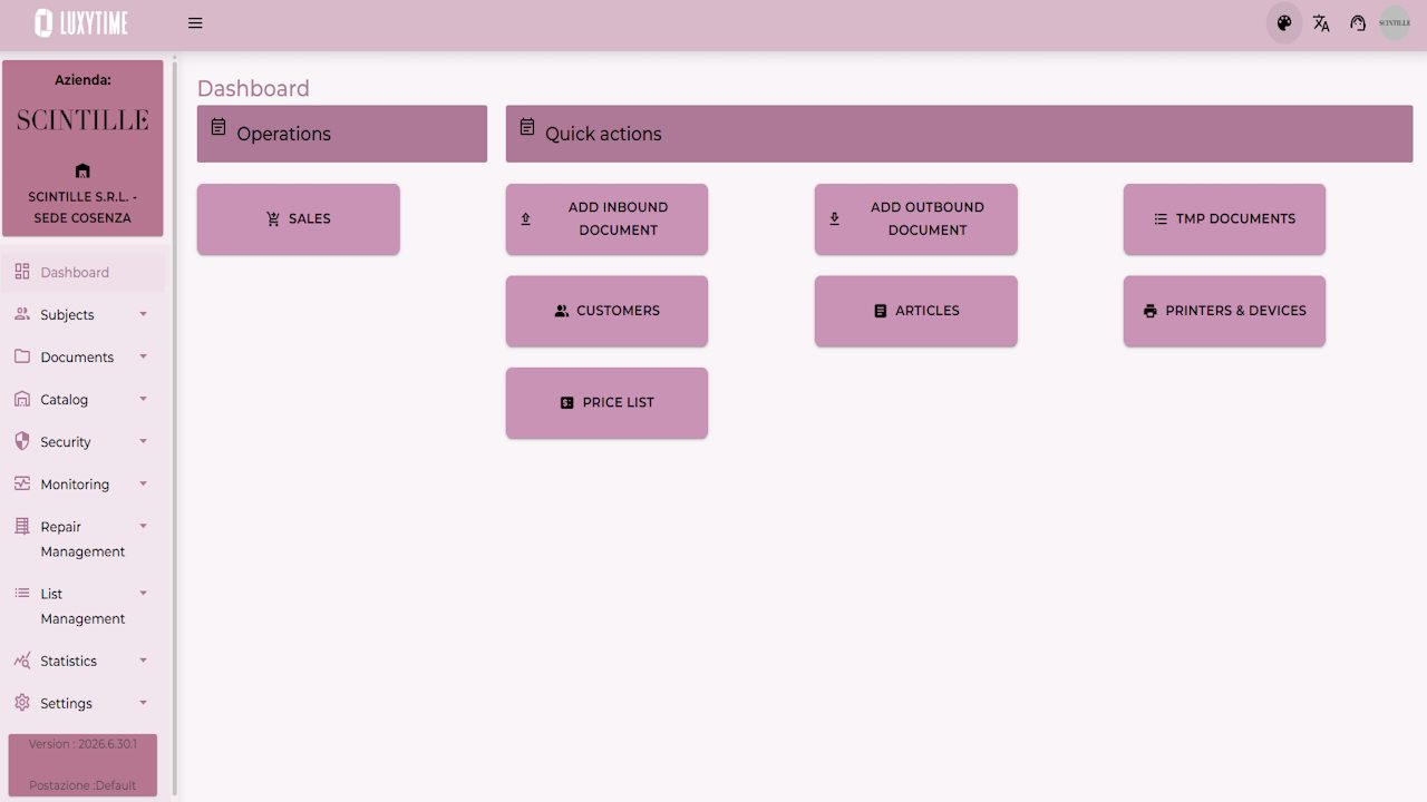 La dashboard operativa di LuxyTime: vendite, documenti, anagrafiche e catalogo da un'unica schermata