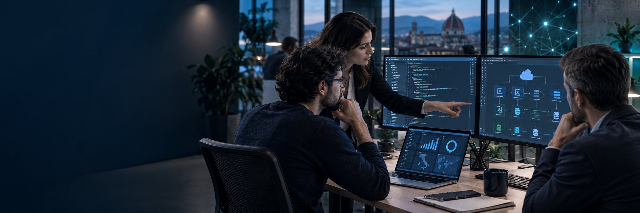 Team di sviluppatori e consulenti che analizza codice e architettura cloud su più monitor