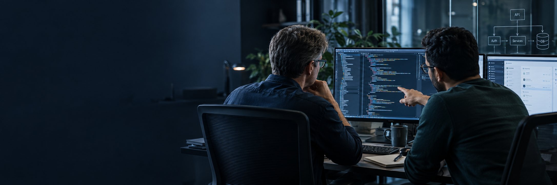 Due sviluppatori analizzano il codice di un software custom con lo schema di API, servizi e database