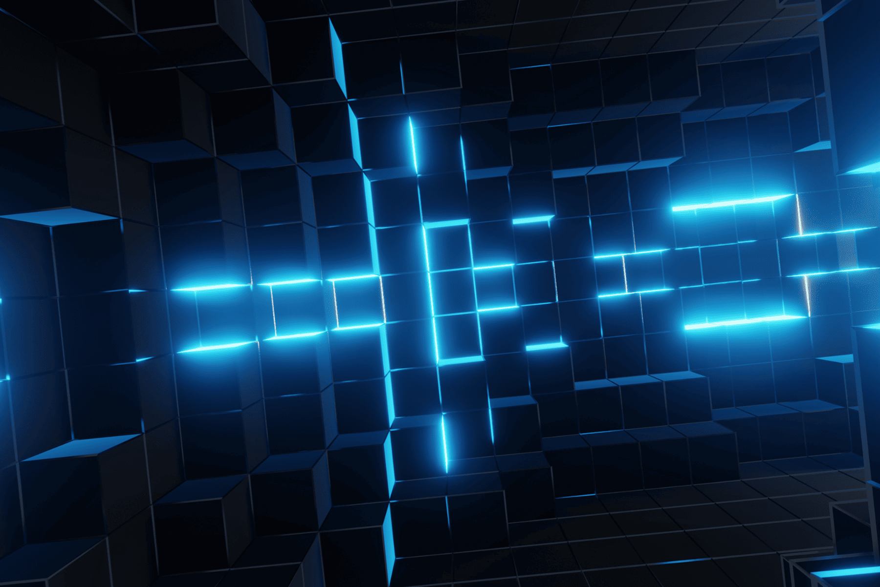 Struttura di cubi illuminati di blu che richiama un'infrastruttura cloud