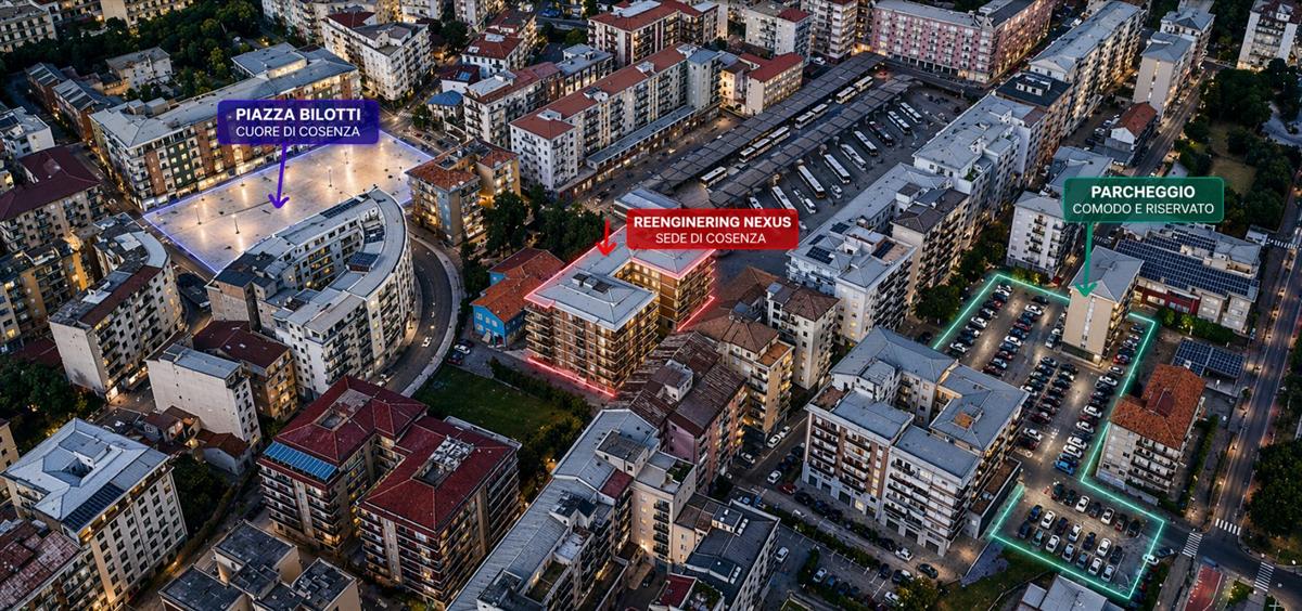 Vista aerea del centro di Cosenza con la sede di Reengineering