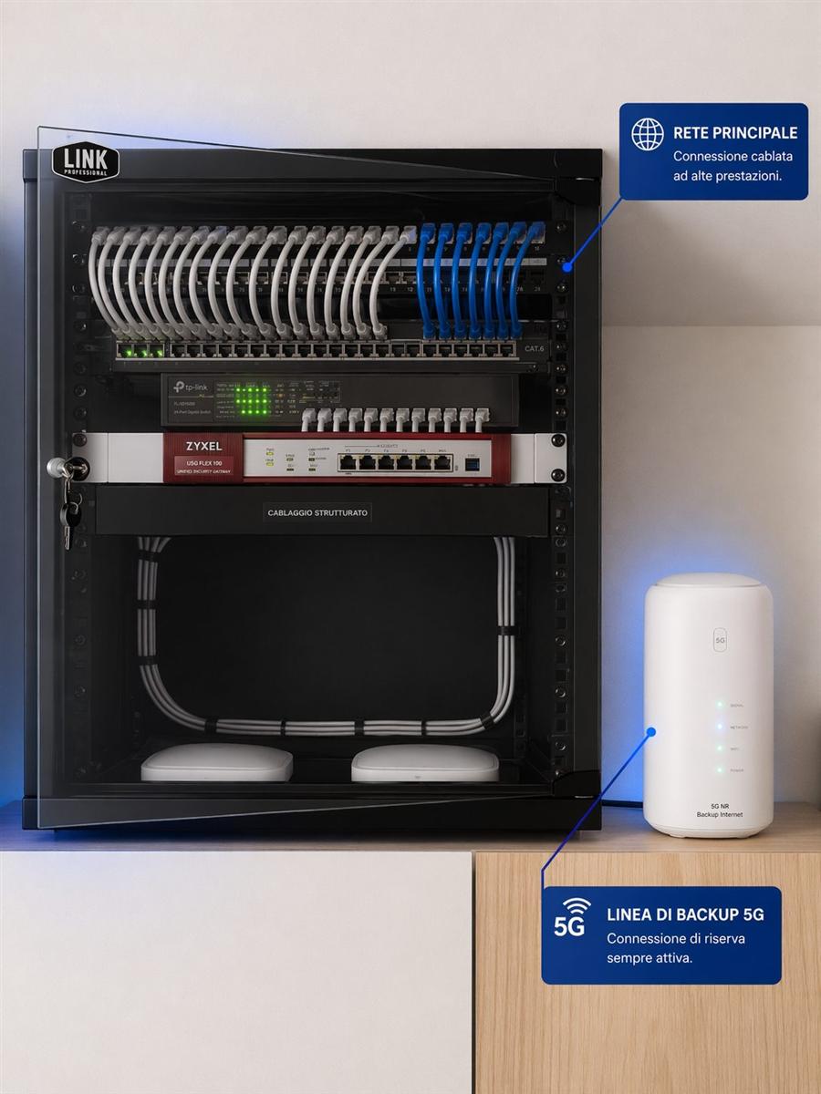Rack di rete professionale con firewall, switch managed, UPS e linea di backup 5G