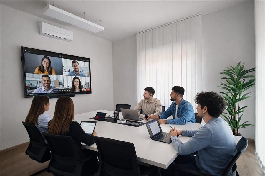 Sala riunioni con Microsoft Teams Room, pannello tattile Yealink e monitor 75 pollici